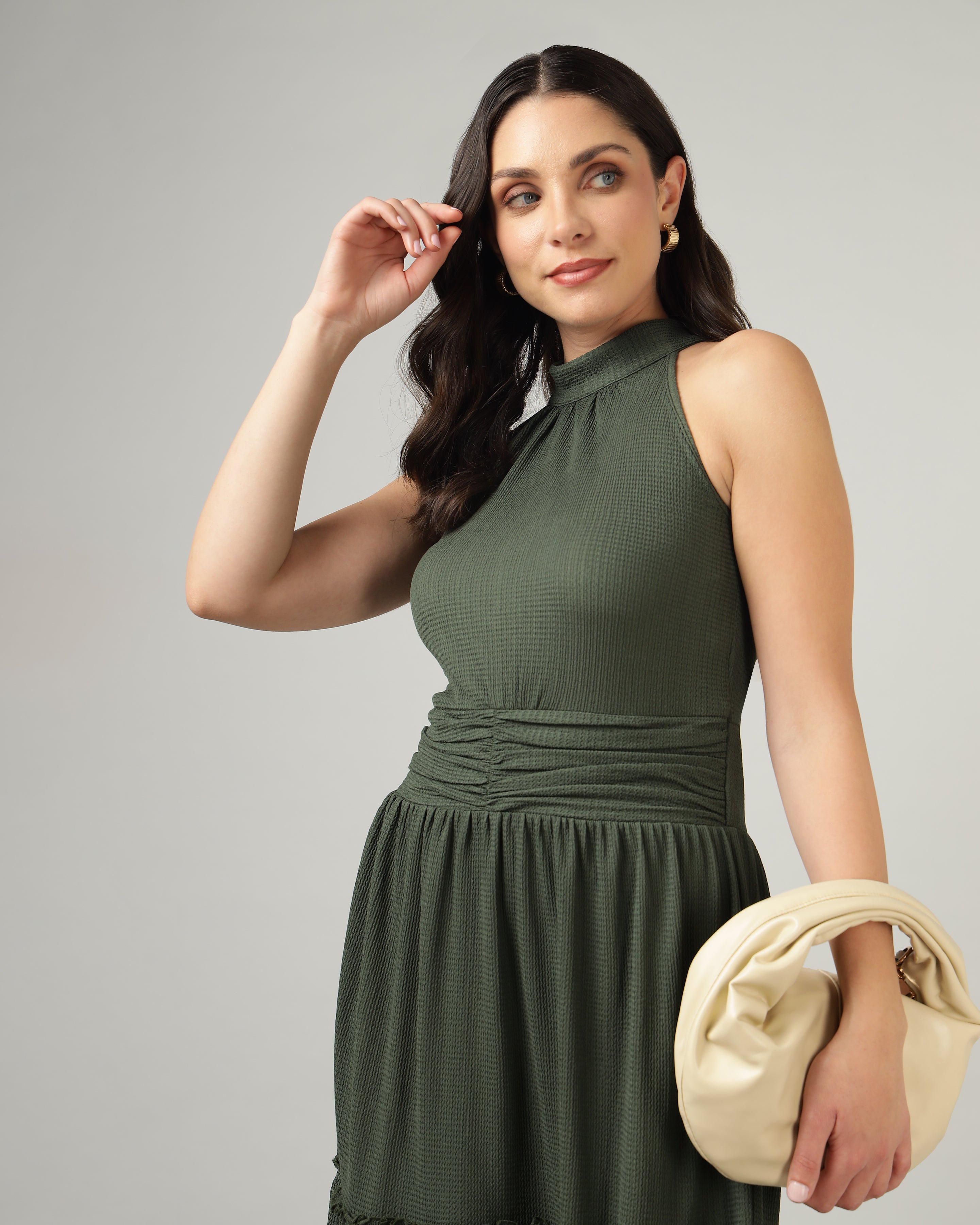 Women’s Olive Halter Neck Gathered Maxi Dress-3079