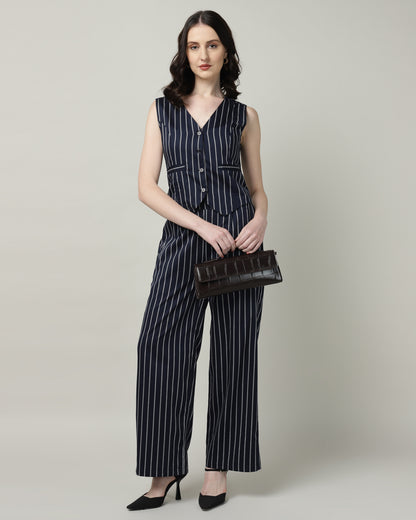 Women’s White &amp; Blue Striped Vest and High-Waist Trouser Co-ord Set – Two-Piece Outfit-3086