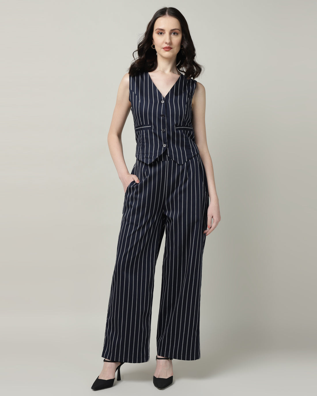 Women’s White &amp; Blue Striped Vest and High-Waist Trouser Co-ord Set – Two-Piece Outfit-3086