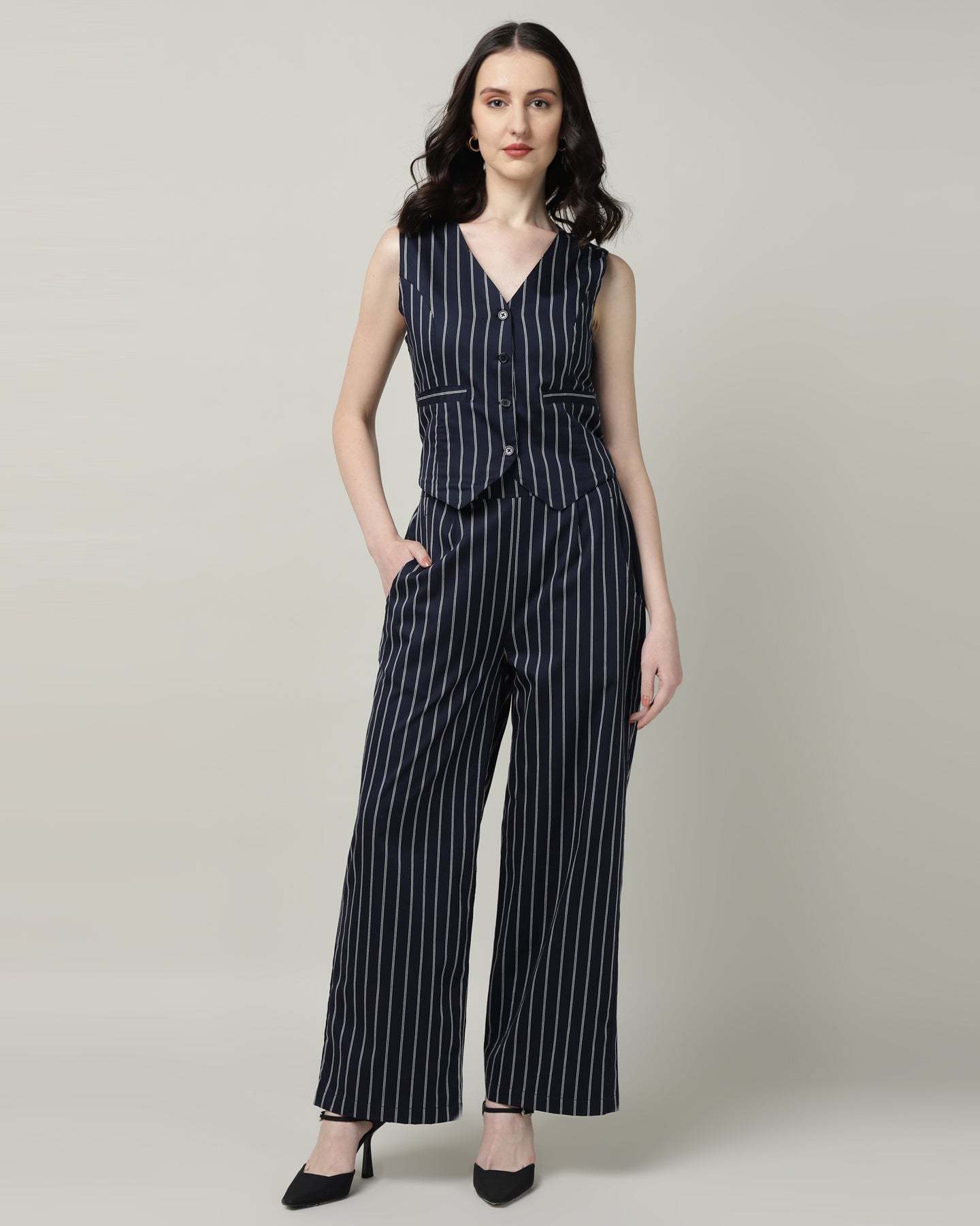Women’s White &amp; Blue Striped Vest and High-Waist Trouser Co-ord Set – Two-Piece Outfit-3086