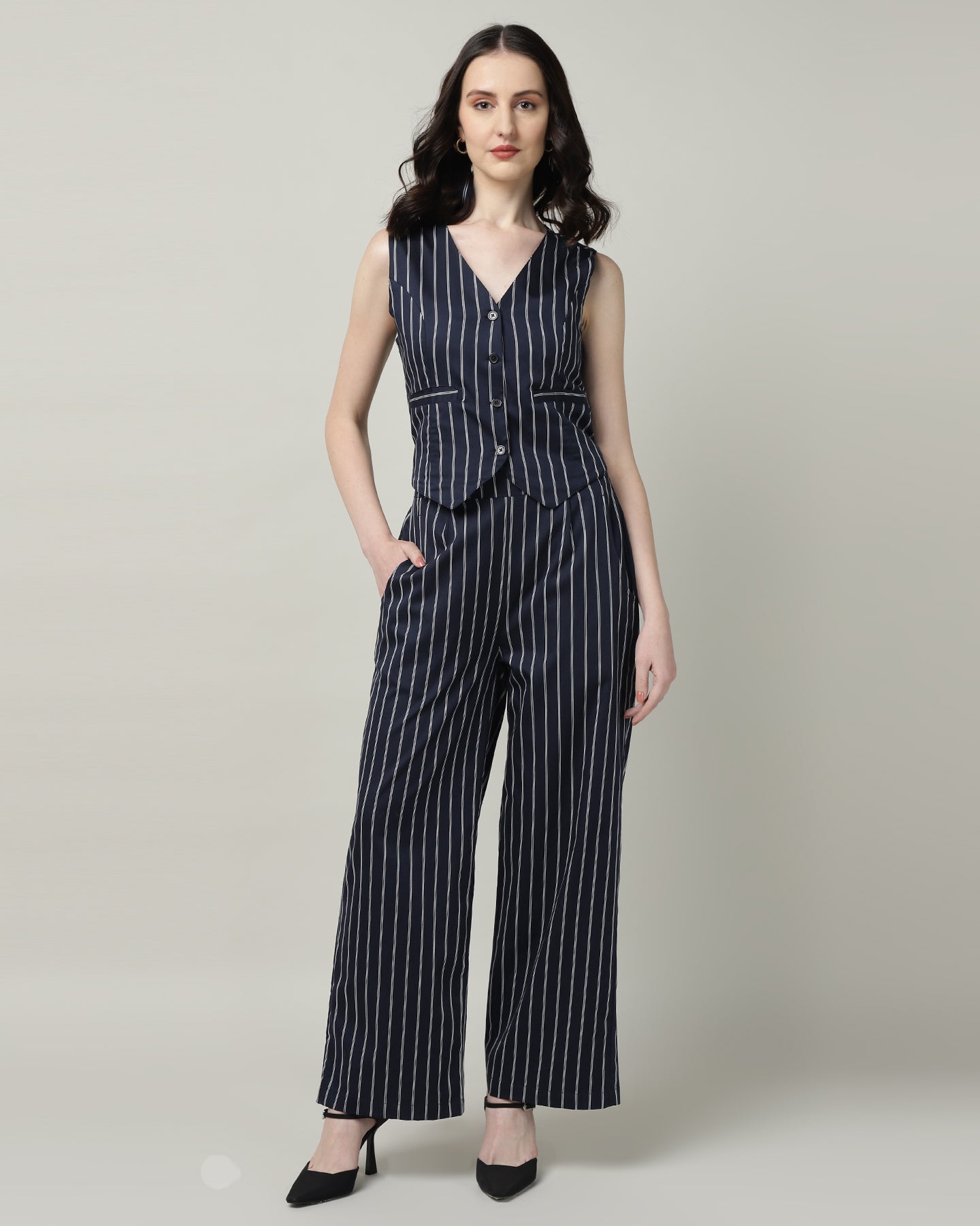 Women’s White &amp; Blue Striped Vest and High-Waist Trouser Co-ord Set – Two-Piece Outfit-3086