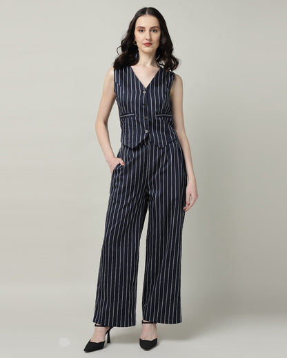 Women’s White &amp; Blue Striped Vest and High-Waist Trouser Co-ord Set – Two-Piece Outfit-3086