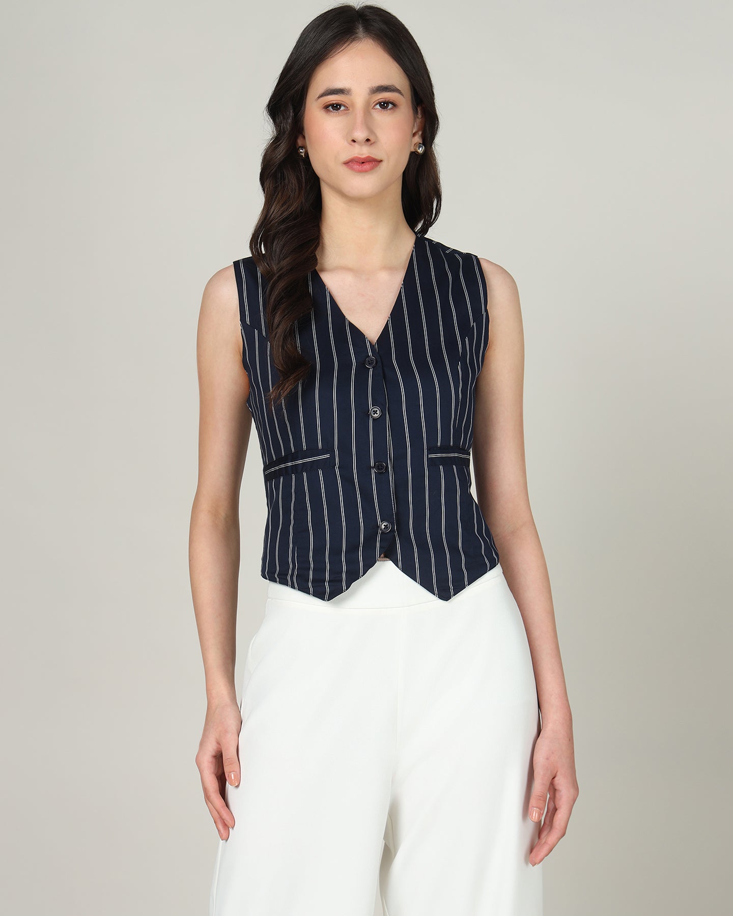 Women’s White &amp; Blue Striped Sleeveless V-Neck Waistcoat Vest -  3084