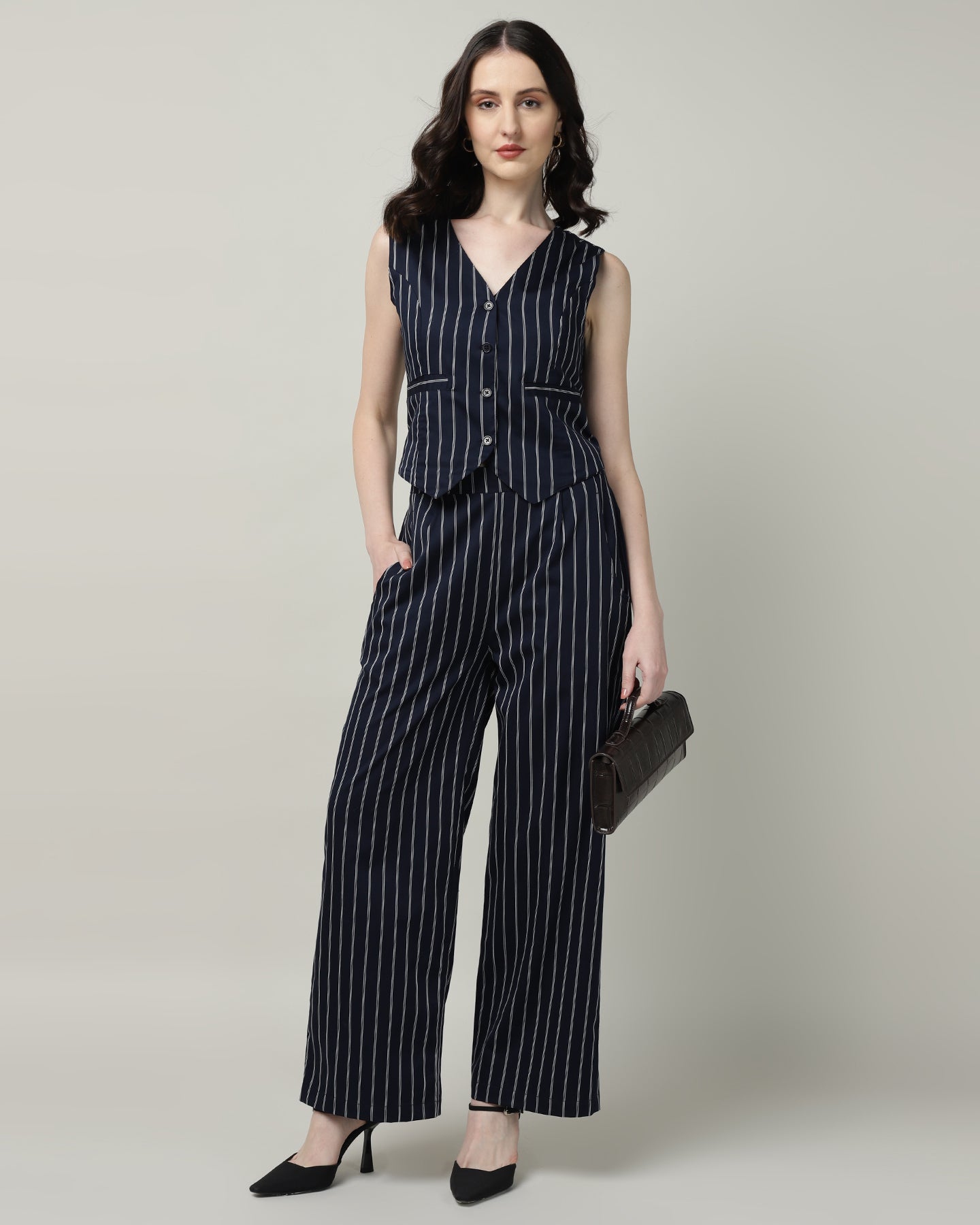 Women’s White &amp; Blue Striped Vest and High-Waist Trouser Co-ord Set – Two-Piece Outfit-3086