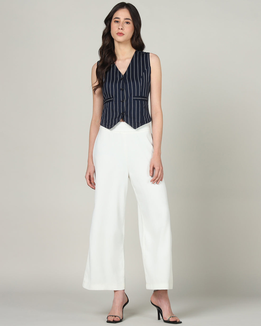 Women’s White &amp; Blue Striped Sleeveless V-Neck Waistcoat Vest -  3084