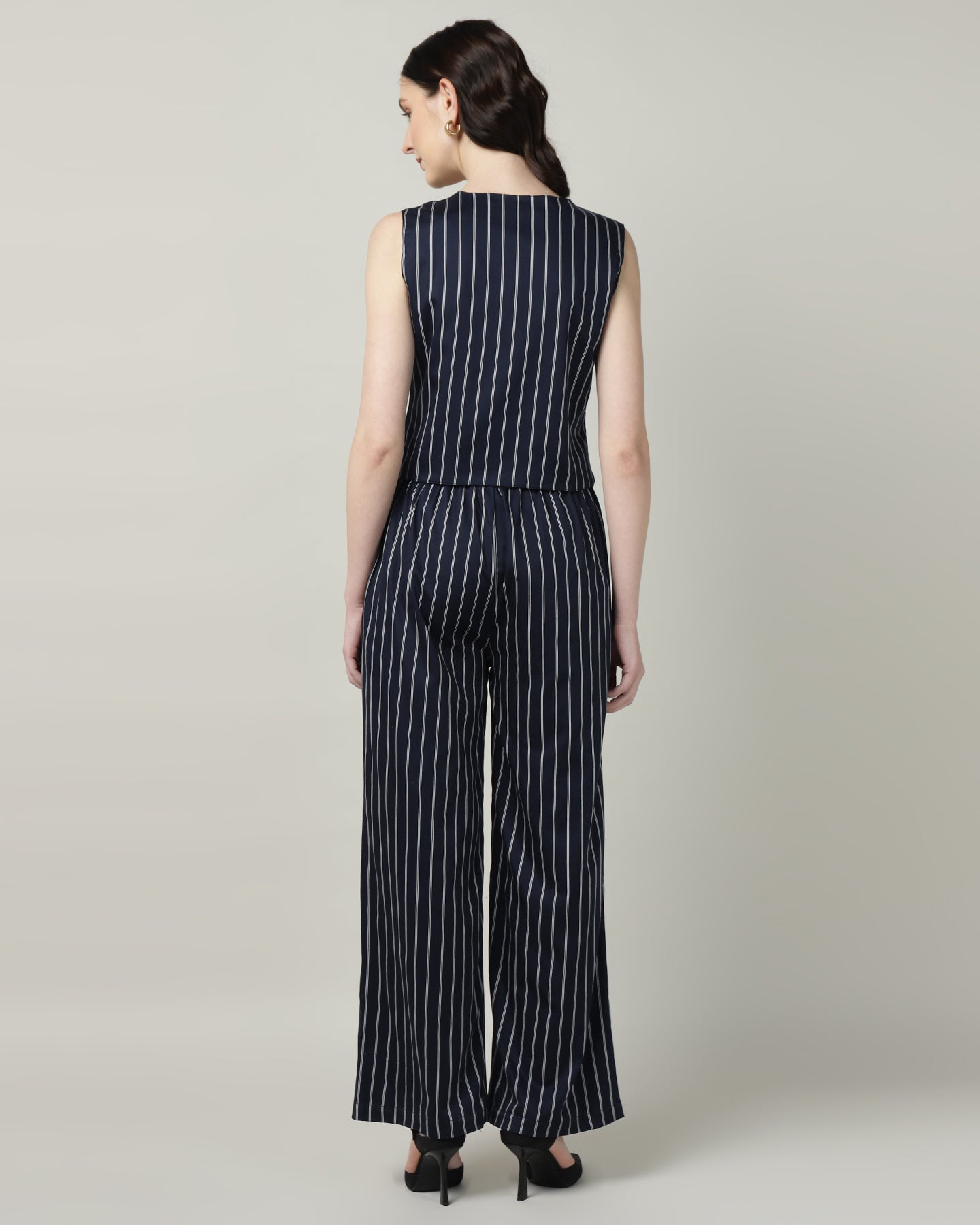 Women’s White &amp; Blue Striped Vest and High-Waist Trouser Co-ord Set – Two-Piece Outfit-3086