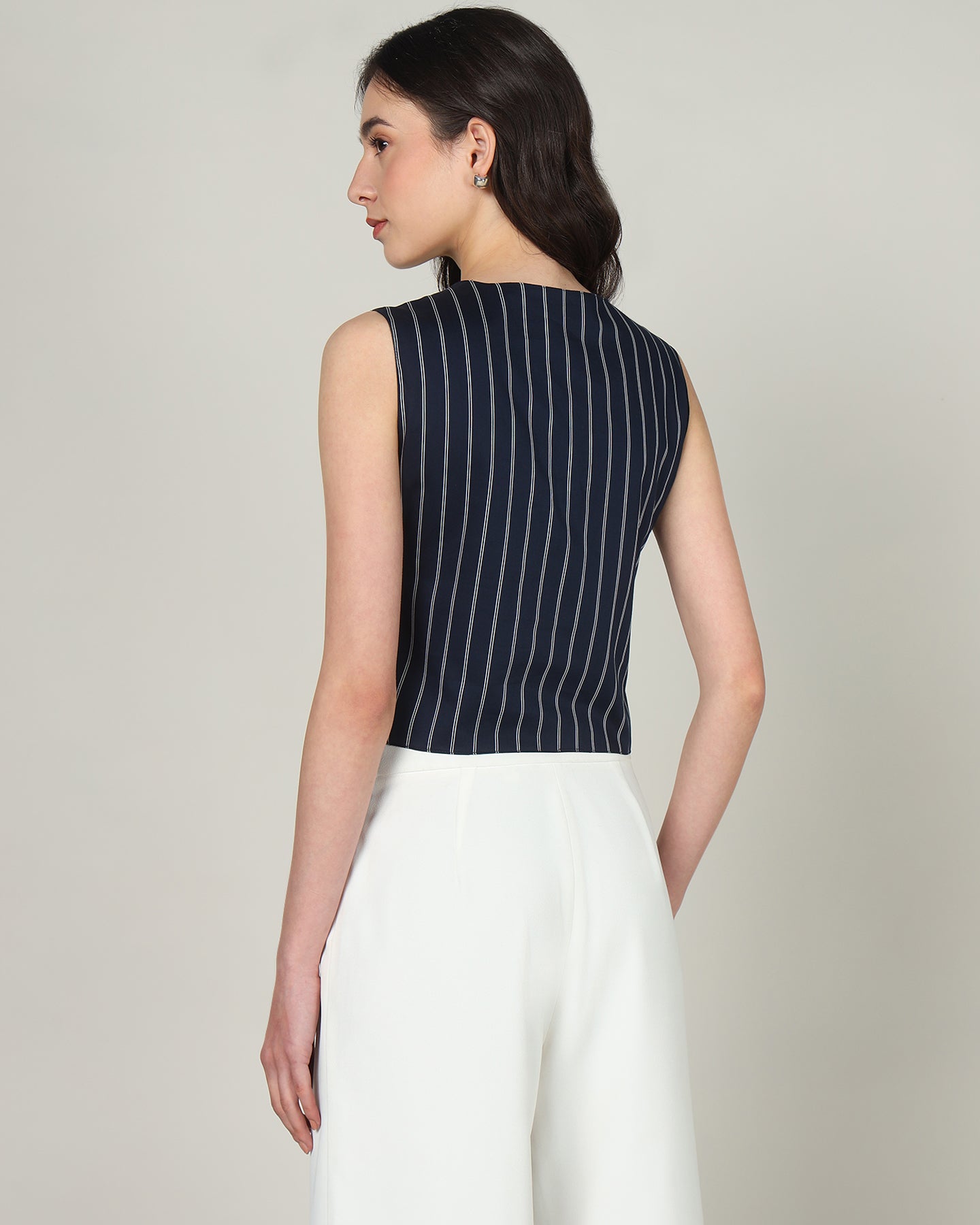 Women’s White &amp; Blue Striped Sleeveless V-Neck Waistcoat Vest -  3084