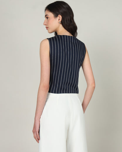 Women’s White &amp; Blue Striped Sleeveless V-Neck Waistcoat Vest -  3084