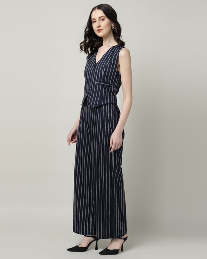 Women’s White &amp; Blue Striped Vest and High-Waist Trouser Co-ord Set – Two-Piece Outfit-3086