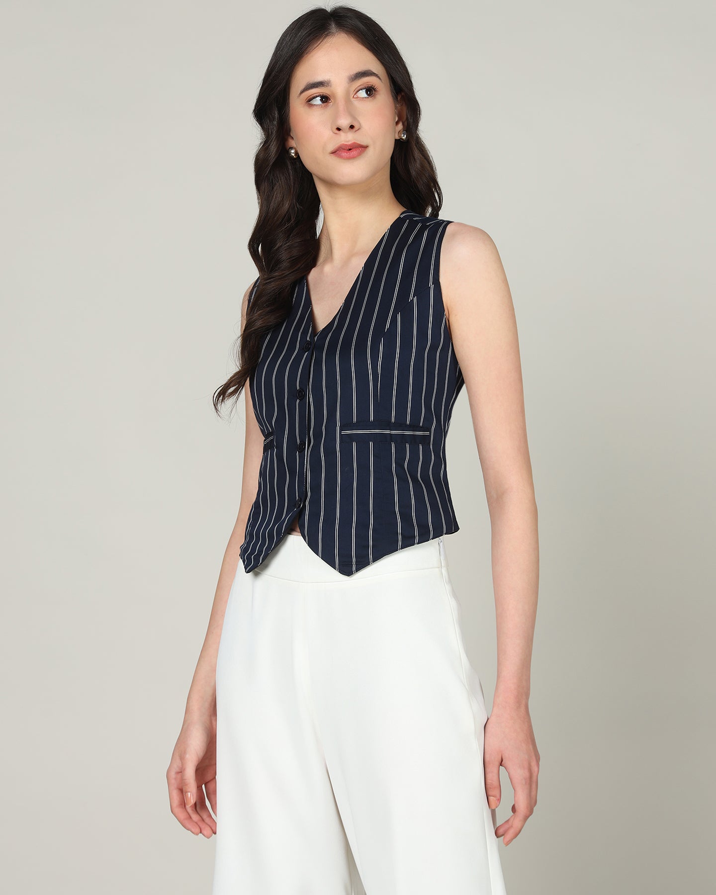 Women’s White &amp; Blue Striped Sleeveless V-Neck Waistcoat Vest -  3084