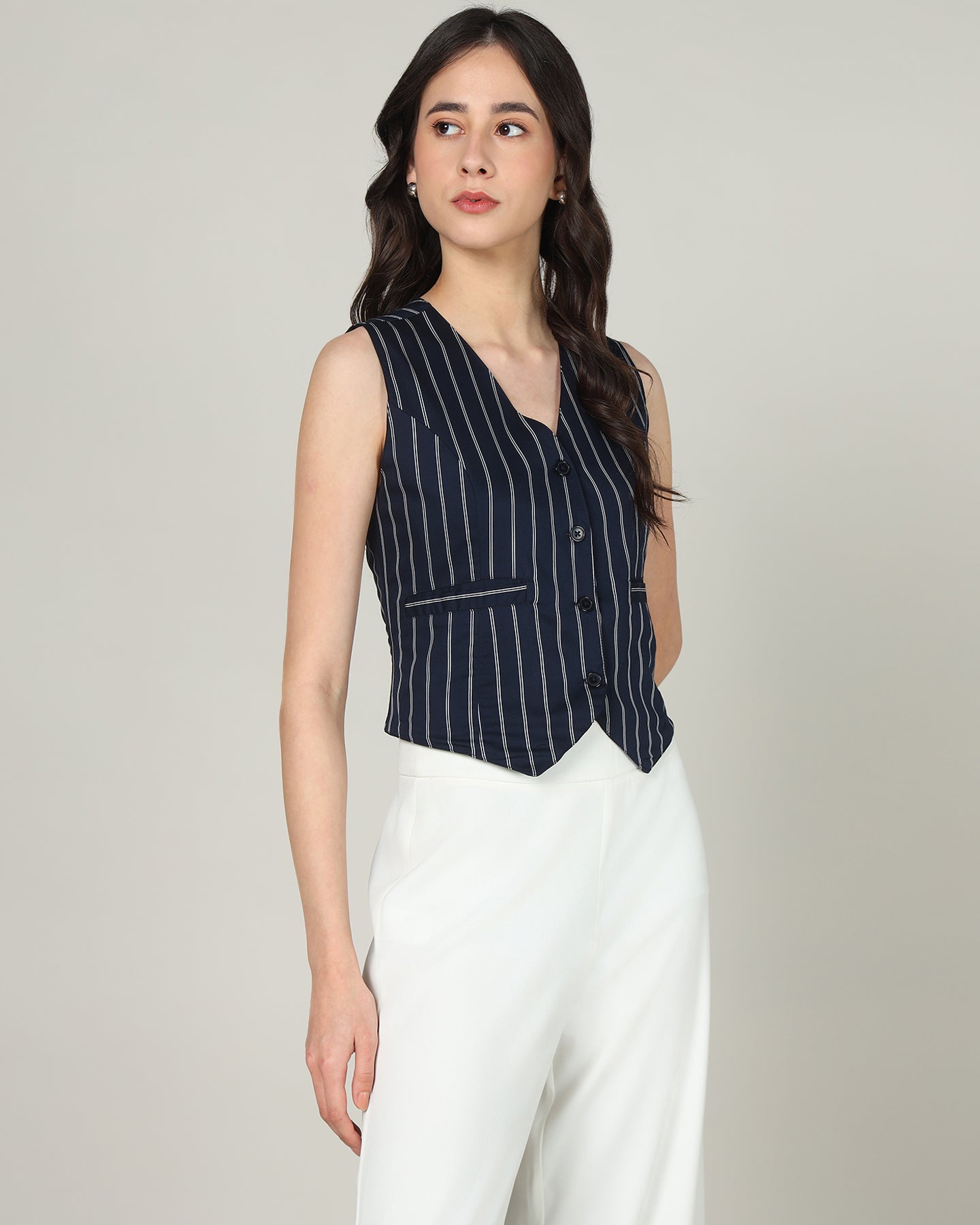 Women’s White &amp; Blue Striped Sleeveless V-Neck Waistcoat Vest -  3084