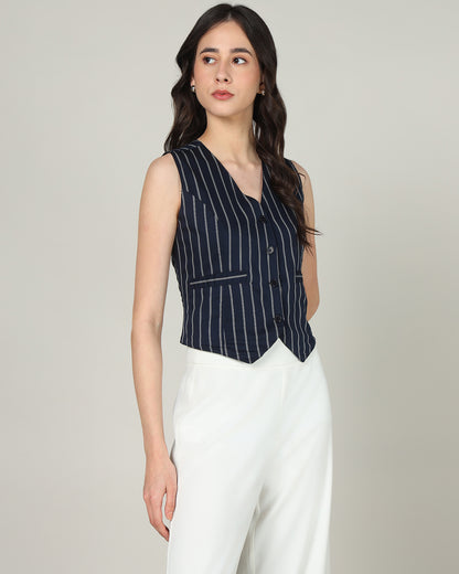 Women’s White &amp; Blue Striped Sleeveless V-Neck Waistcoat Vest -  3084