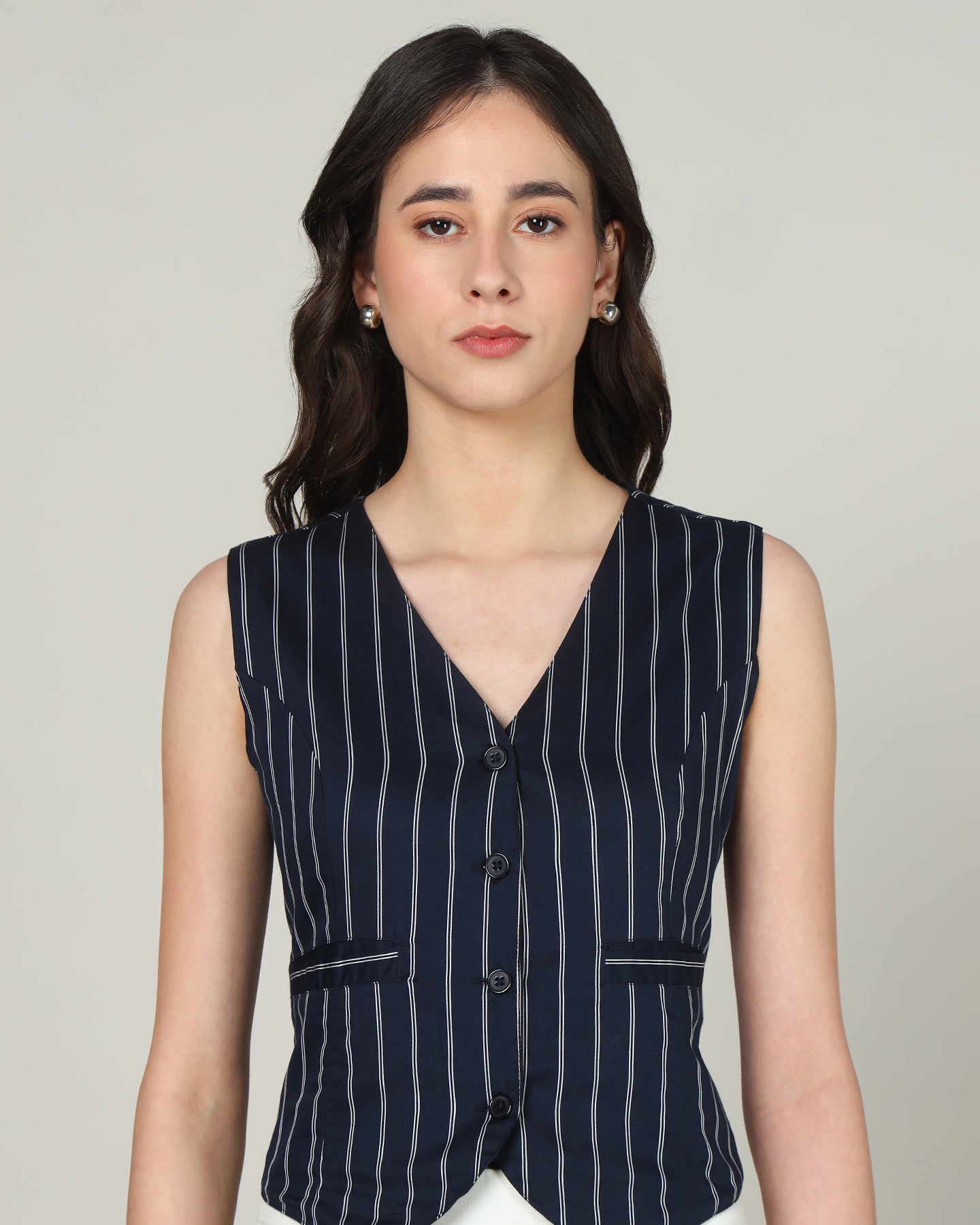 Women’s White &amp; Blue Striped Sleeveless V-Neck Waistcoat Vest -  3084
