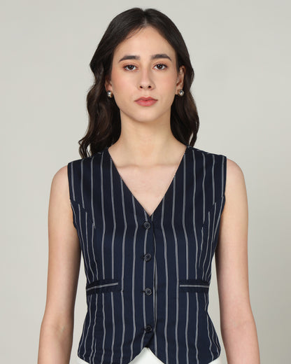 Women’s White &amp; Blue Striped Sleeveless V-Neck Waistcoat Vest -  3084