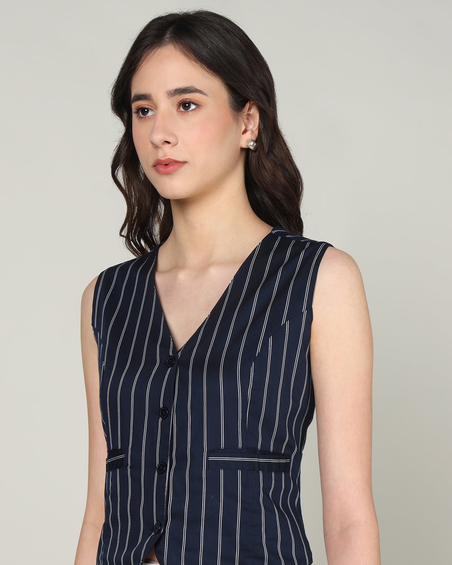 Women’s White &amp; Blue Striped Sleeveless V-Neck Waistcoat Vest -  3084