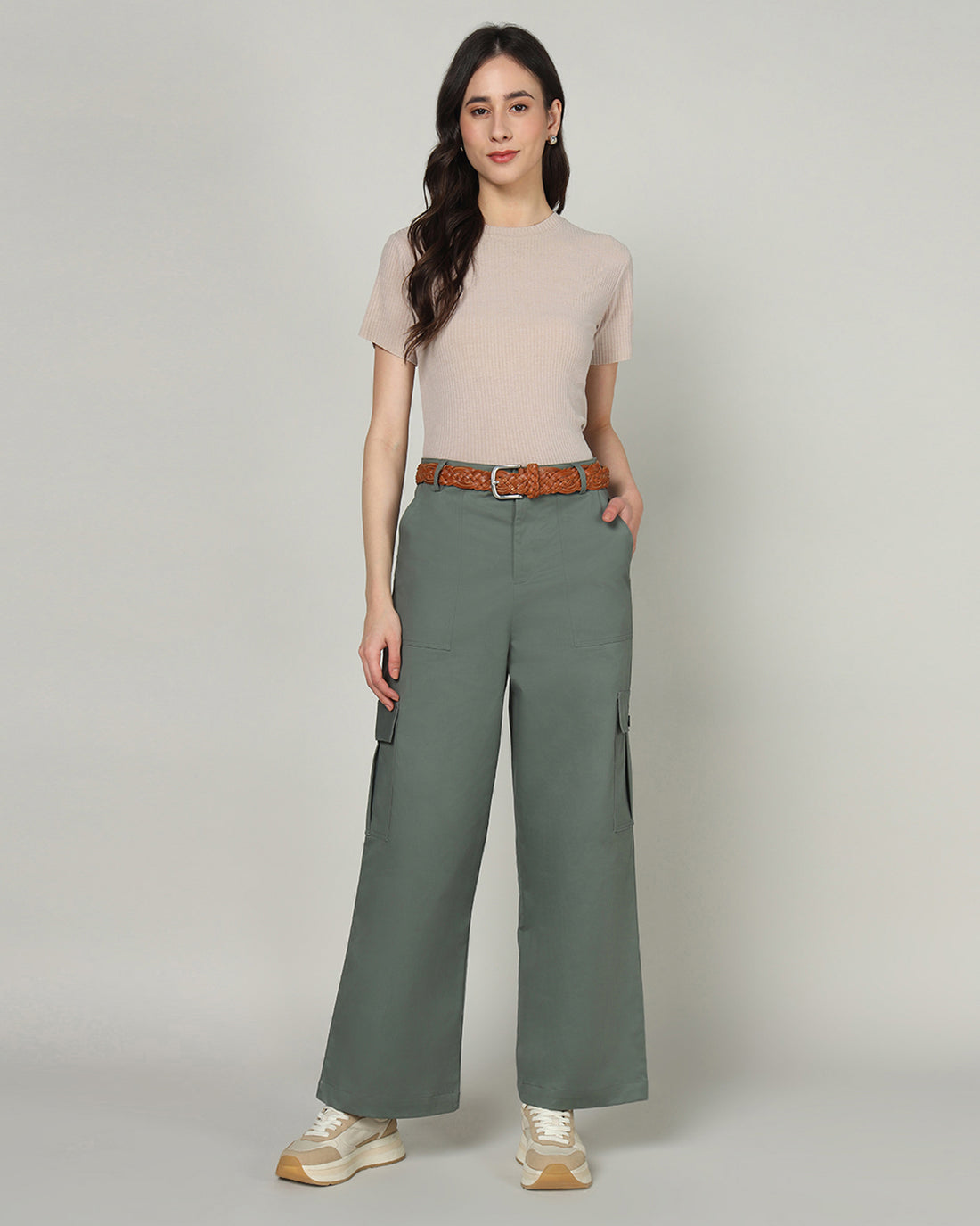 Women’s Dusky Aloe Green Wide-Leg Cargo Pants with Flap Pockets - 3097