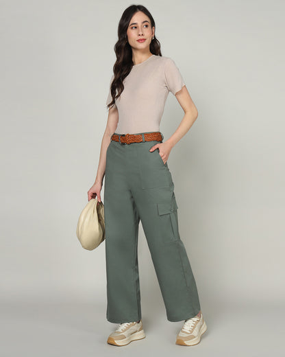 Women’s Dusky Aloe Green Wide-Leg Cargo Pants with Flap Pockets - 3097