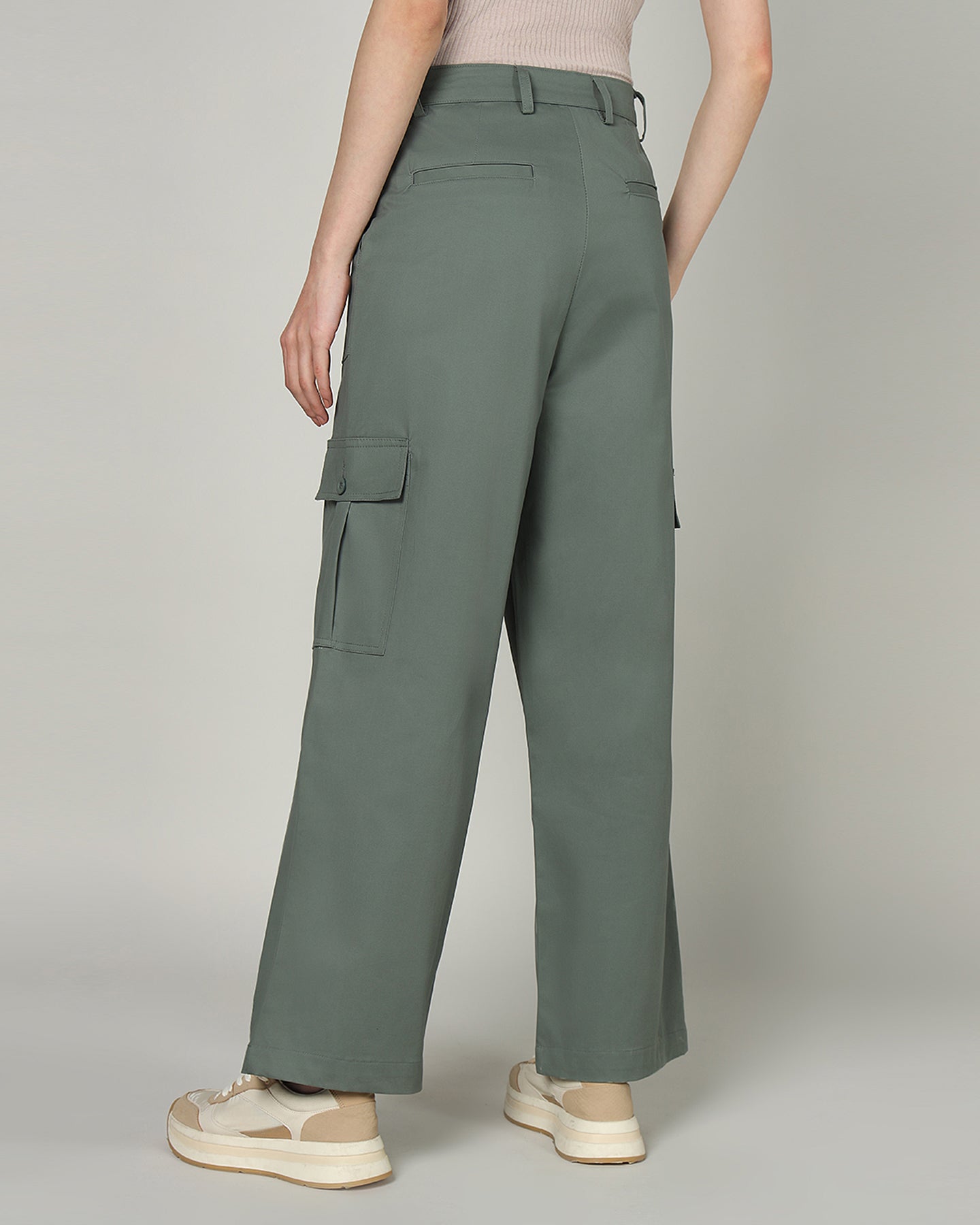 Women’s Dusky Aloe Green Wide-Leg Cargo Pants with Flap Pockets - 3097