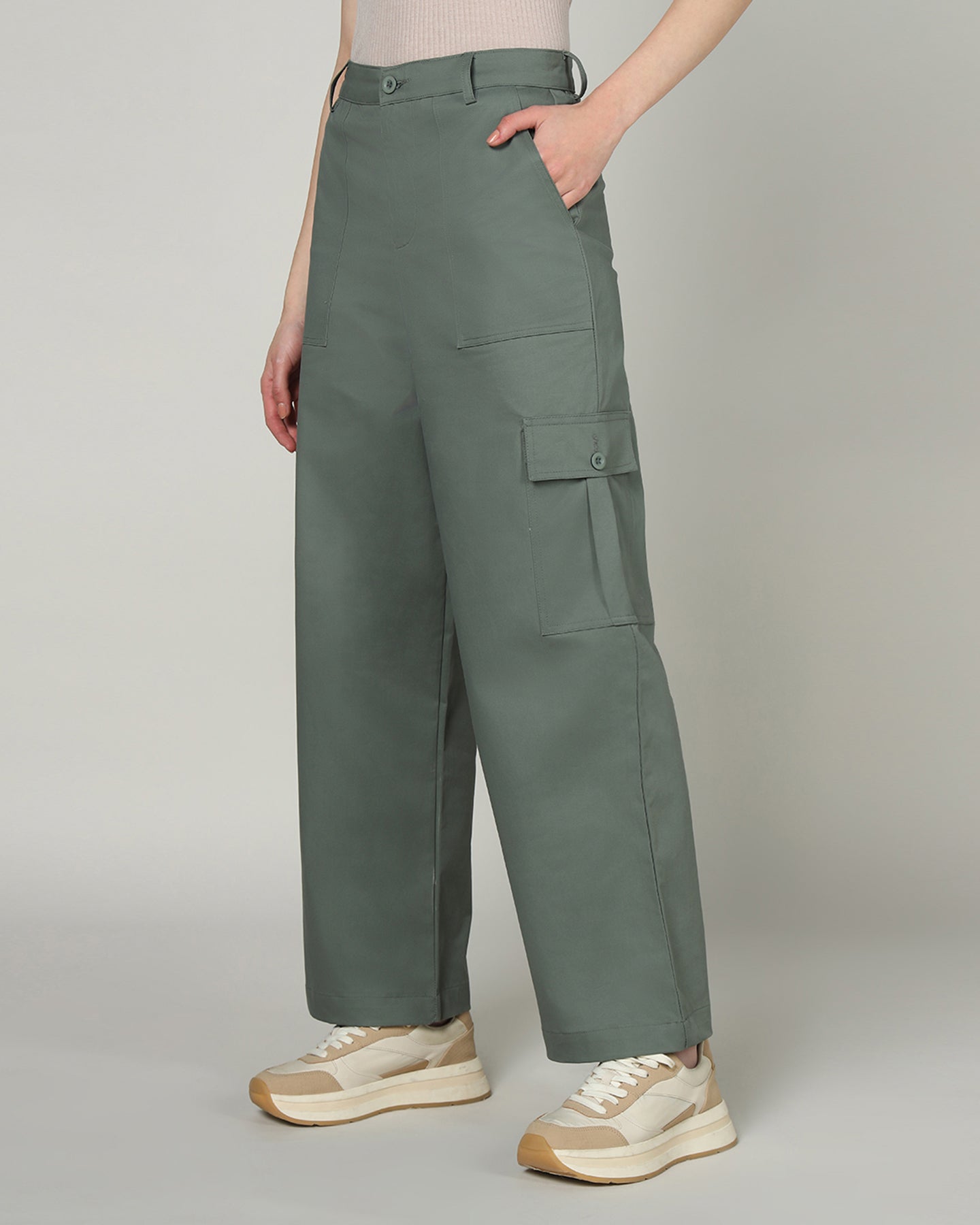 Women’s Dusky Aloe Green Wide-Leg Cargo Pants with Flap Pockets - 3097