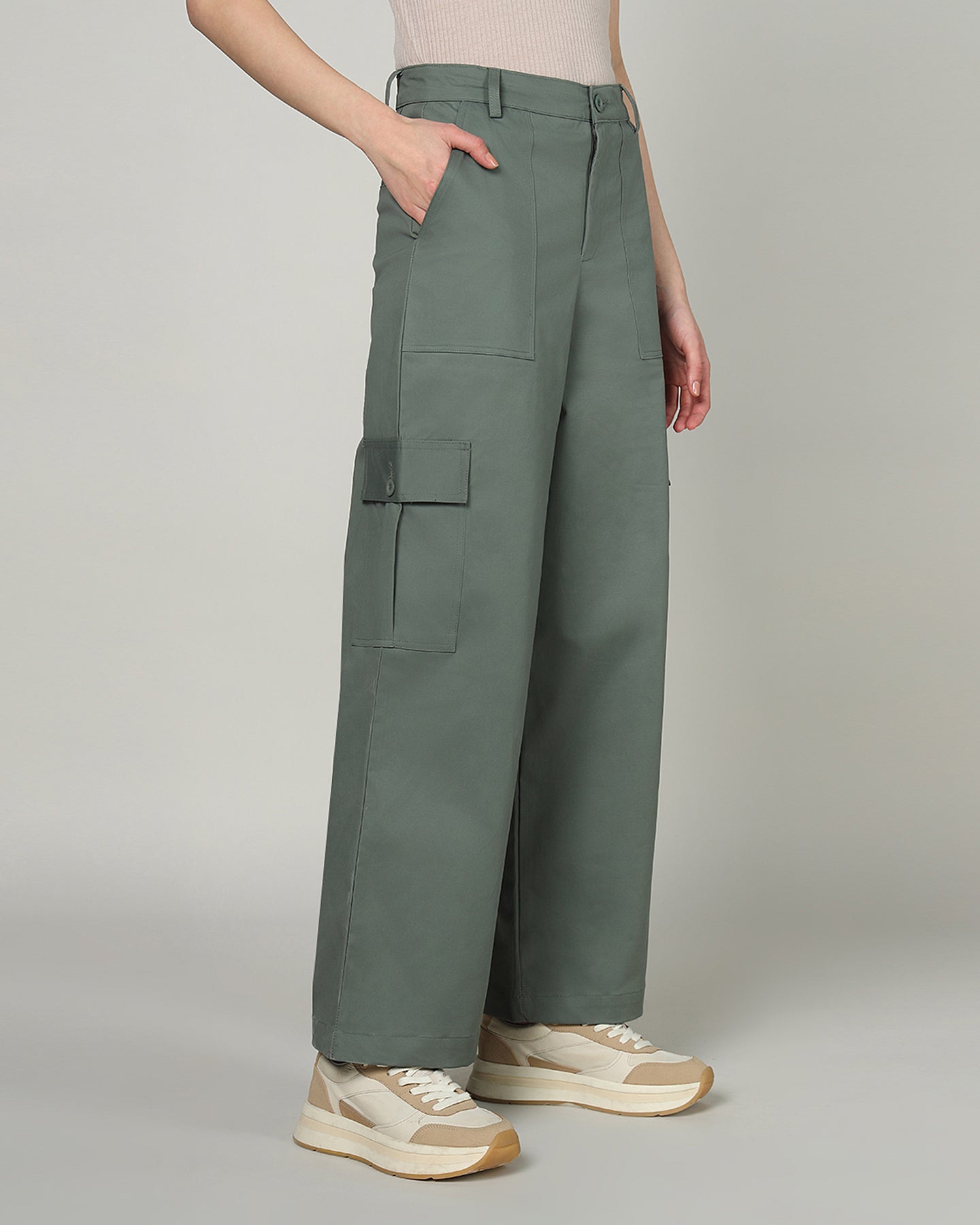 Women’s Dusky Aloe Green Wide-Leg Cargo Pants with Flap Pockets - 3097