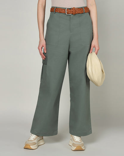 Women’s Dusky Aloe Green Wide-Leg Cargo Pants with Flap Pockets - 3097