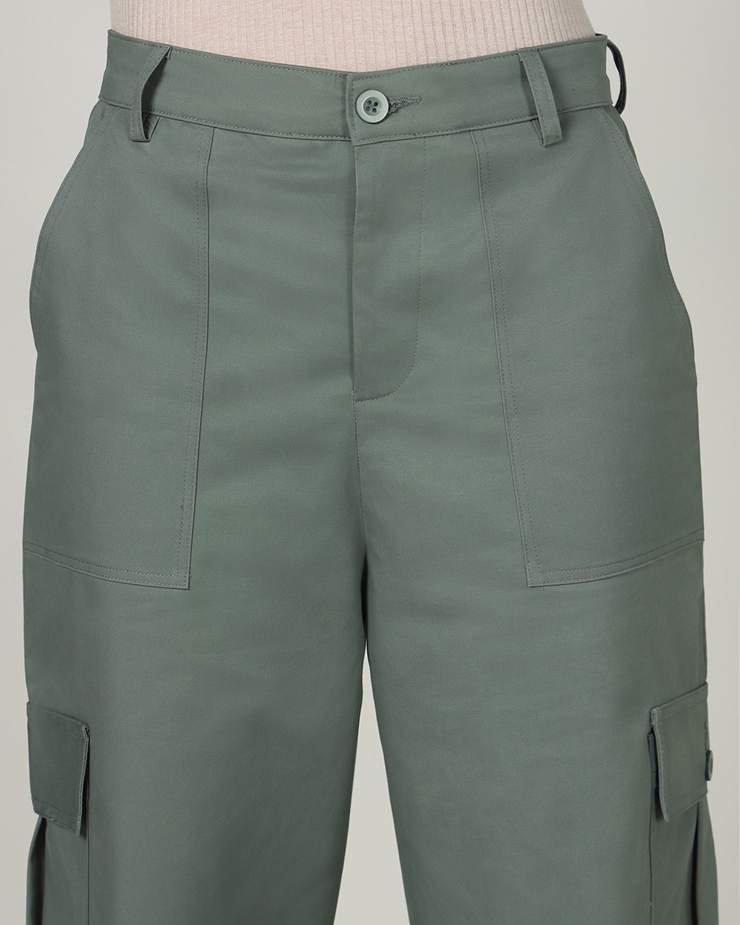 Women’s Dusky Aloe Green Wide-Leg Cargo Pants with Flap Pockets - 3097
