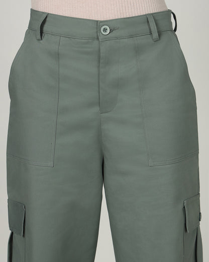 Women’s Dusky Aloe Green Wide-Leg Cargo Pants with Flap Pockets - 3097