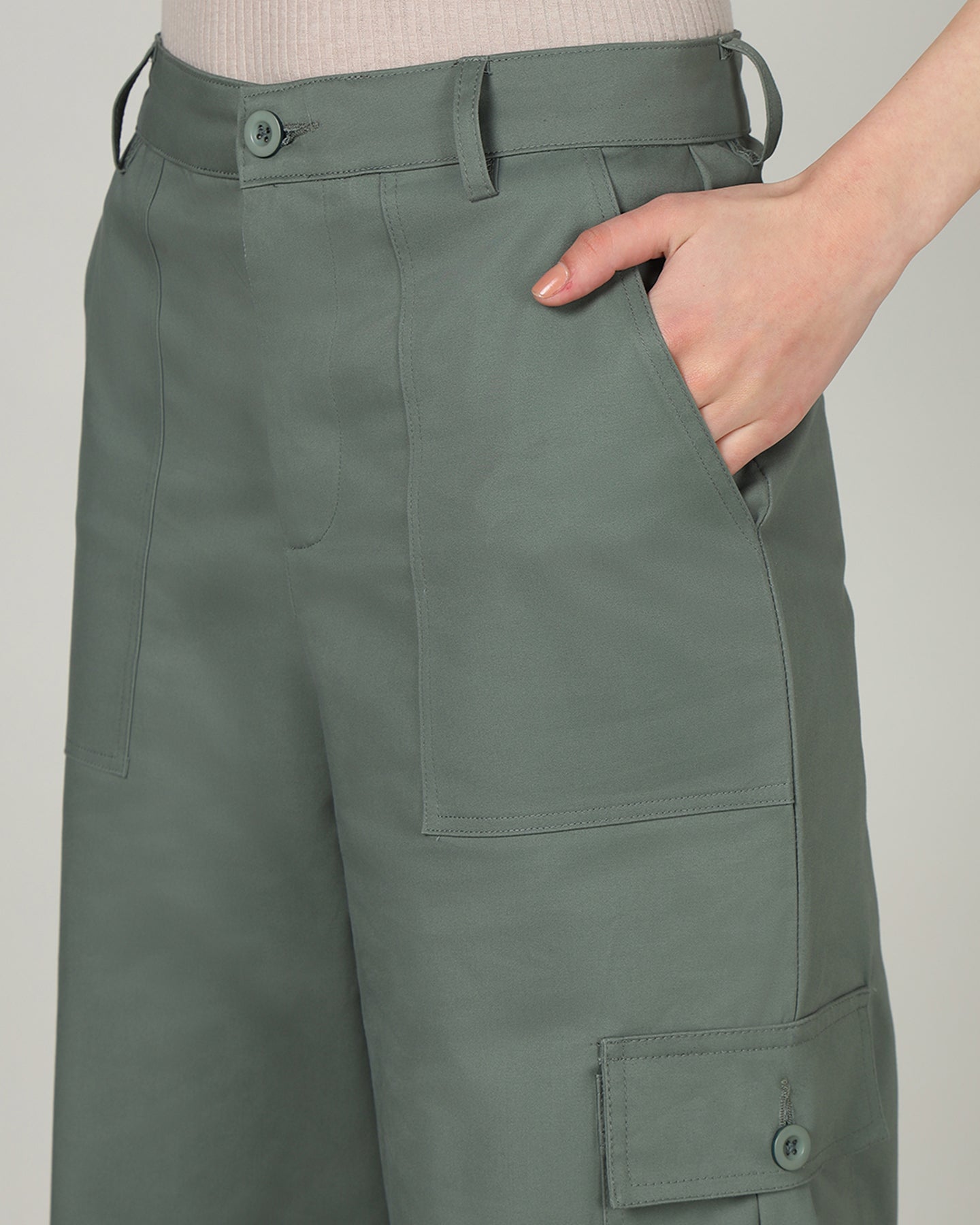 Women’s Dusky Aloe Green Wide-Leg Cargo Pants with Flap Pockets - 3097
