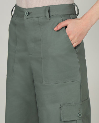 Women’s Dusky Aloe Green Wide-Leg Cargo Pants with Flap Pockets - 3097