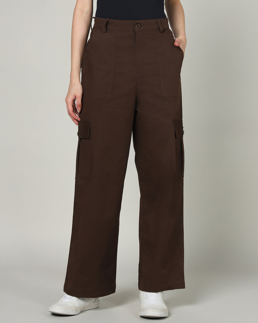 Women’s Dark Brown Wide-Leg Cargo Pants with Flap Pockets -3098