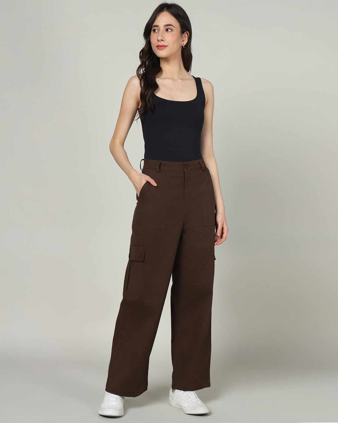 Women’s Dark Brown Wide-Leg Cargo Pants with Flap Pockets -3098