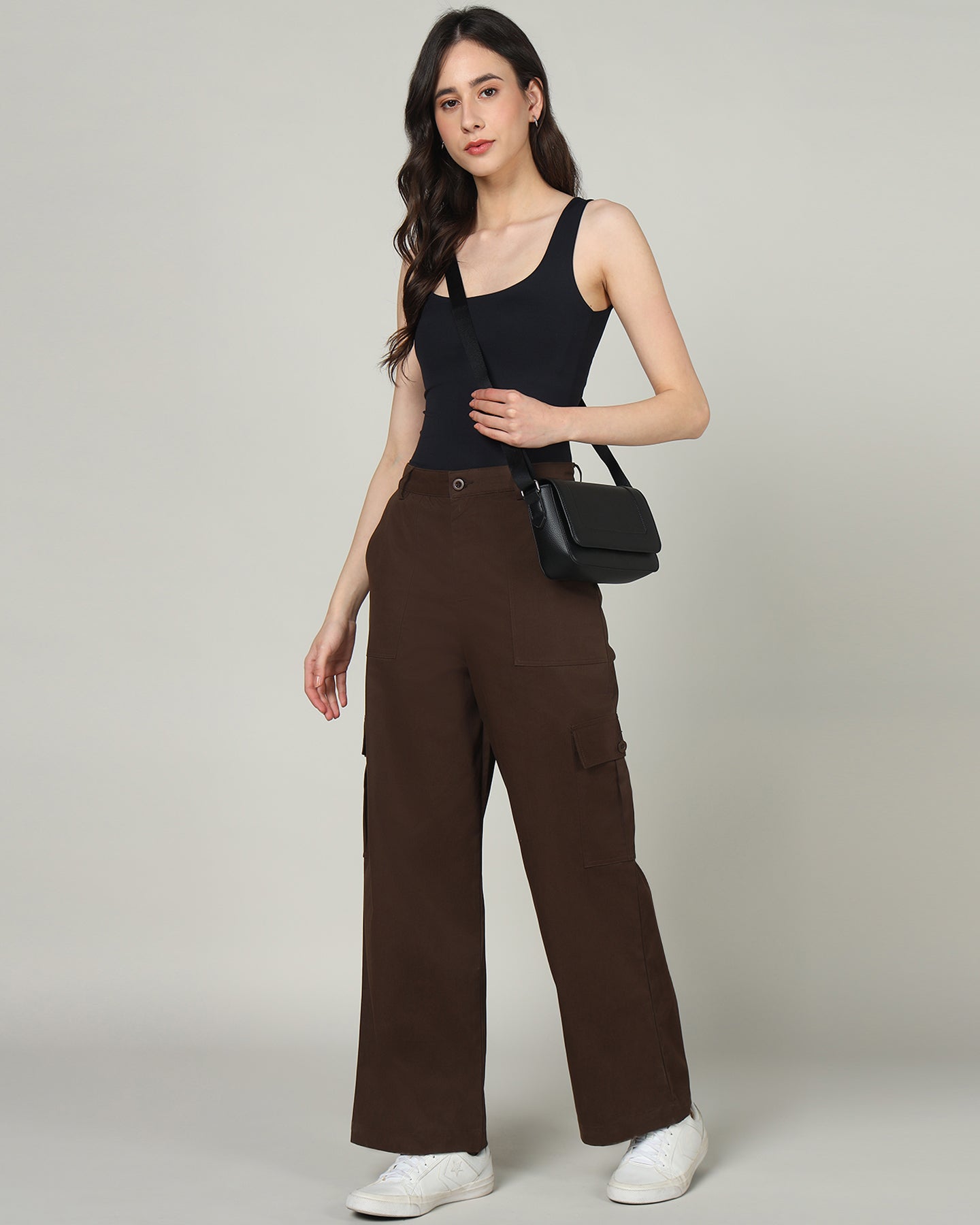 Women’s Dark Brown Wide-Leg Cargo Pants with Flap Pockets -3098