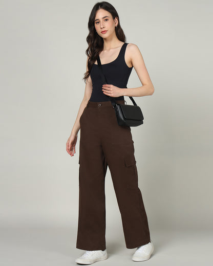 Women’s Dark Brown Wide-Leg Cargo Pants with Flap Pockets -3098