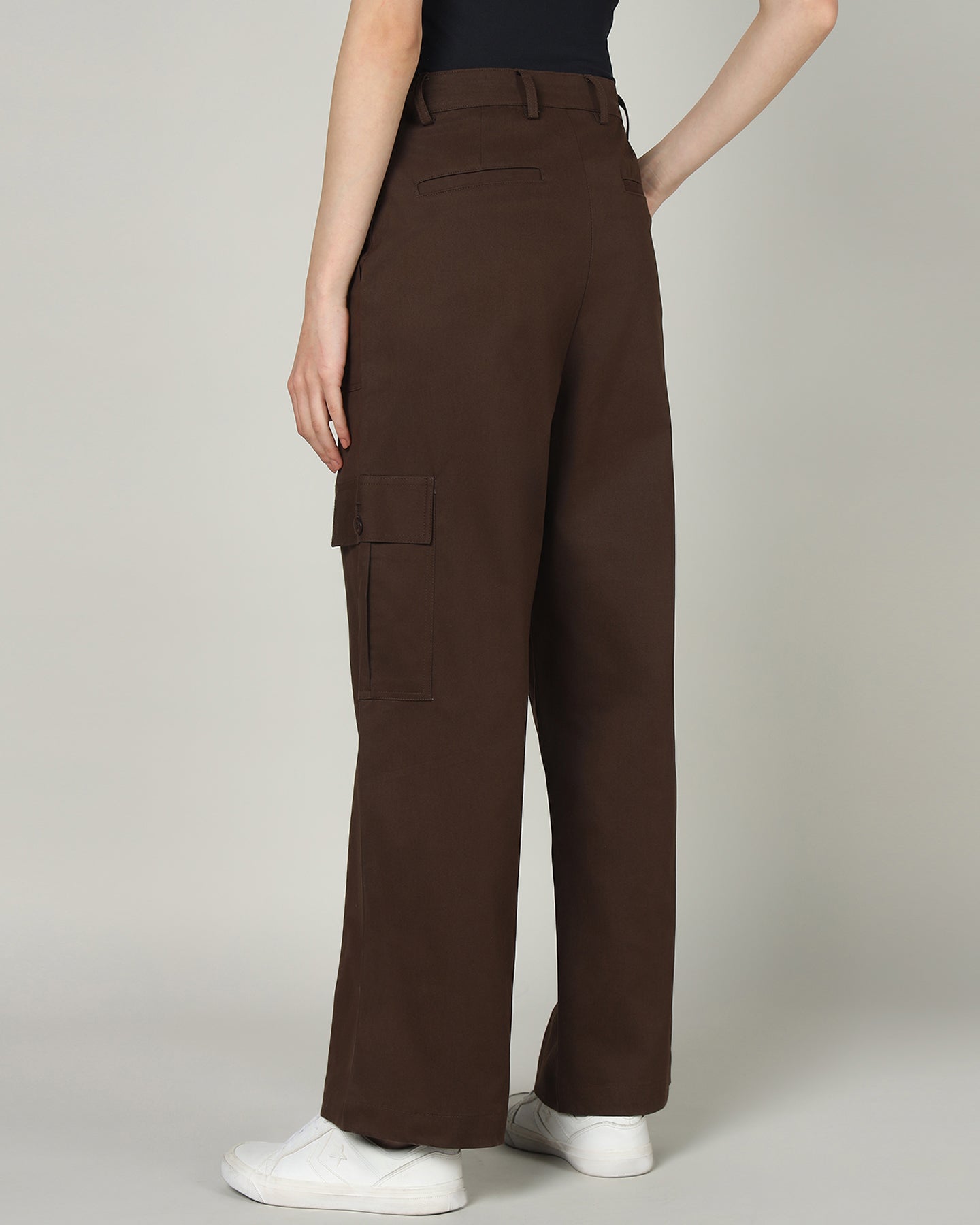 Women’s Dark Brown Wide-Leg Cargo Pants with Flap Pockets -3098