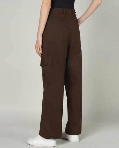 Women’s Dark Brown Wide-Leg Cargo Pants with Flap Pockets -3098