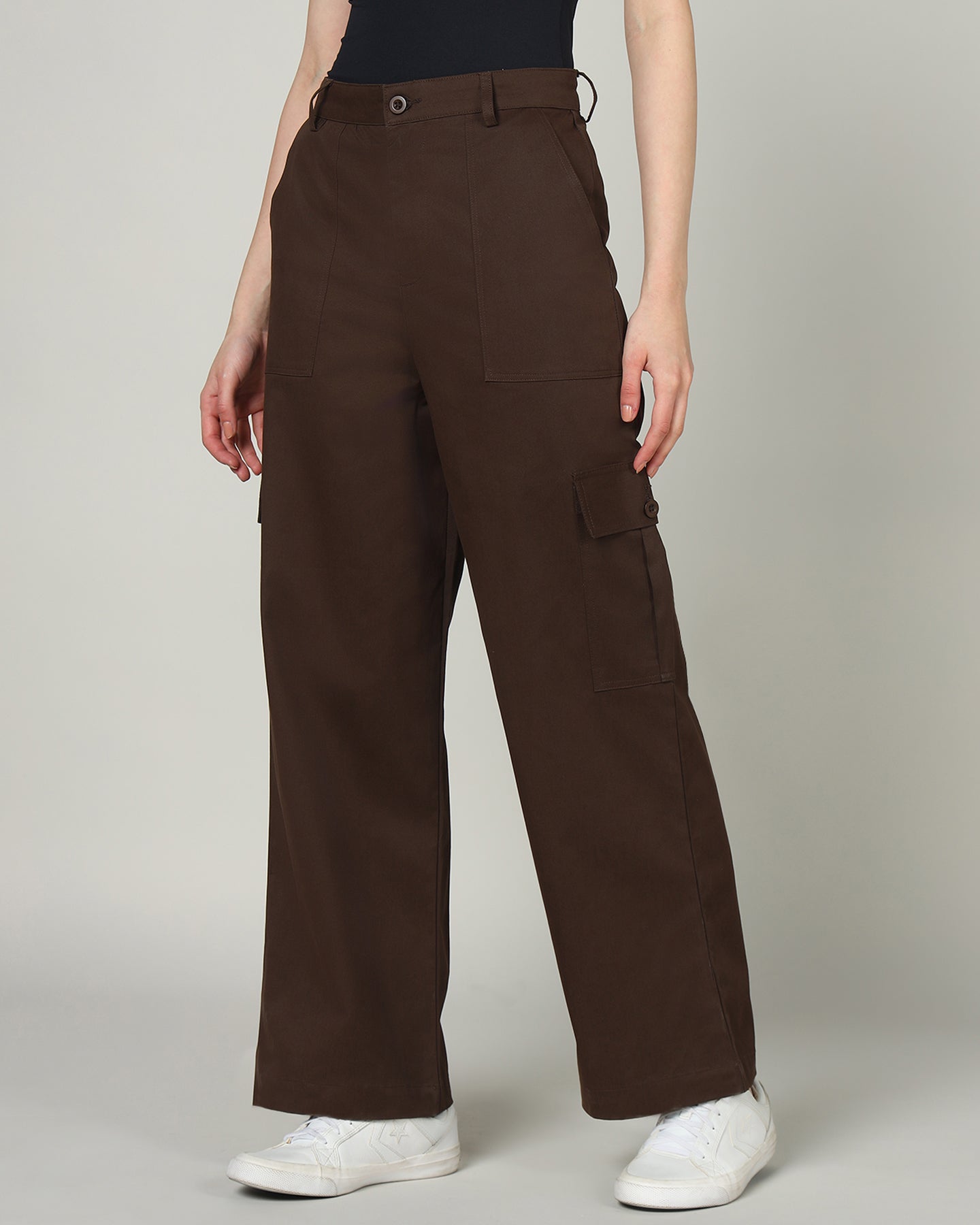 Women’s Dark Brown Wide-Leg Cargo Pants with Flap Pockets -3098