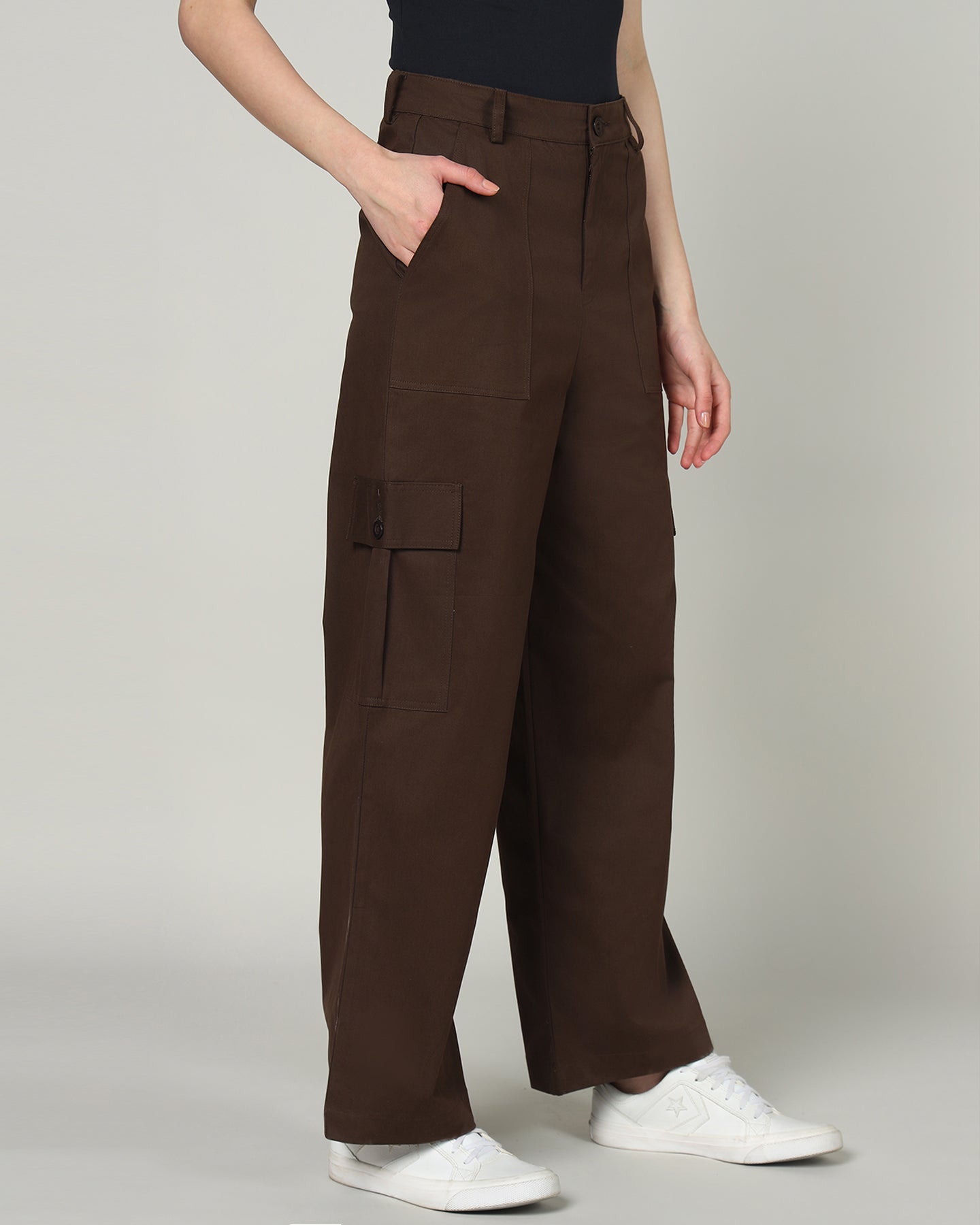 Women’s Dark Brown Wide-Leg Cargo Pants with Flap Pockets -3098