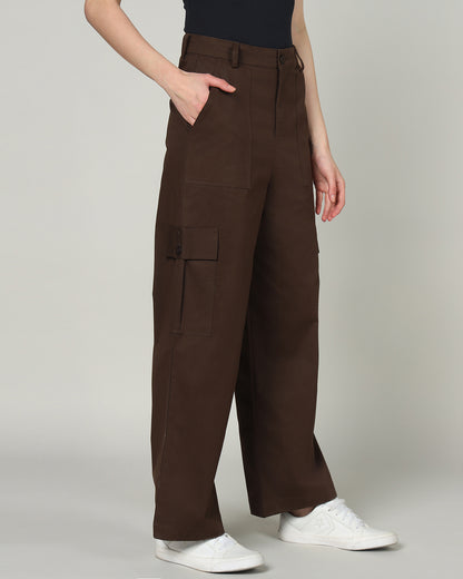 Women’s Dark Brown Wide-Leg Cargo Pants with Flap Pockets -3098