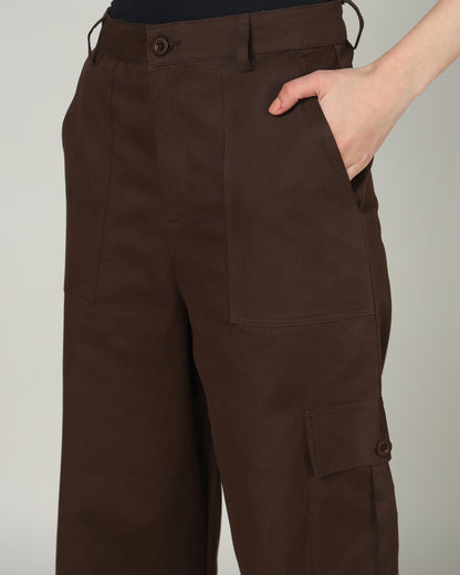Women’s Dark Brown Wide-Leg Cargo Pants with Flap Pockets -3098