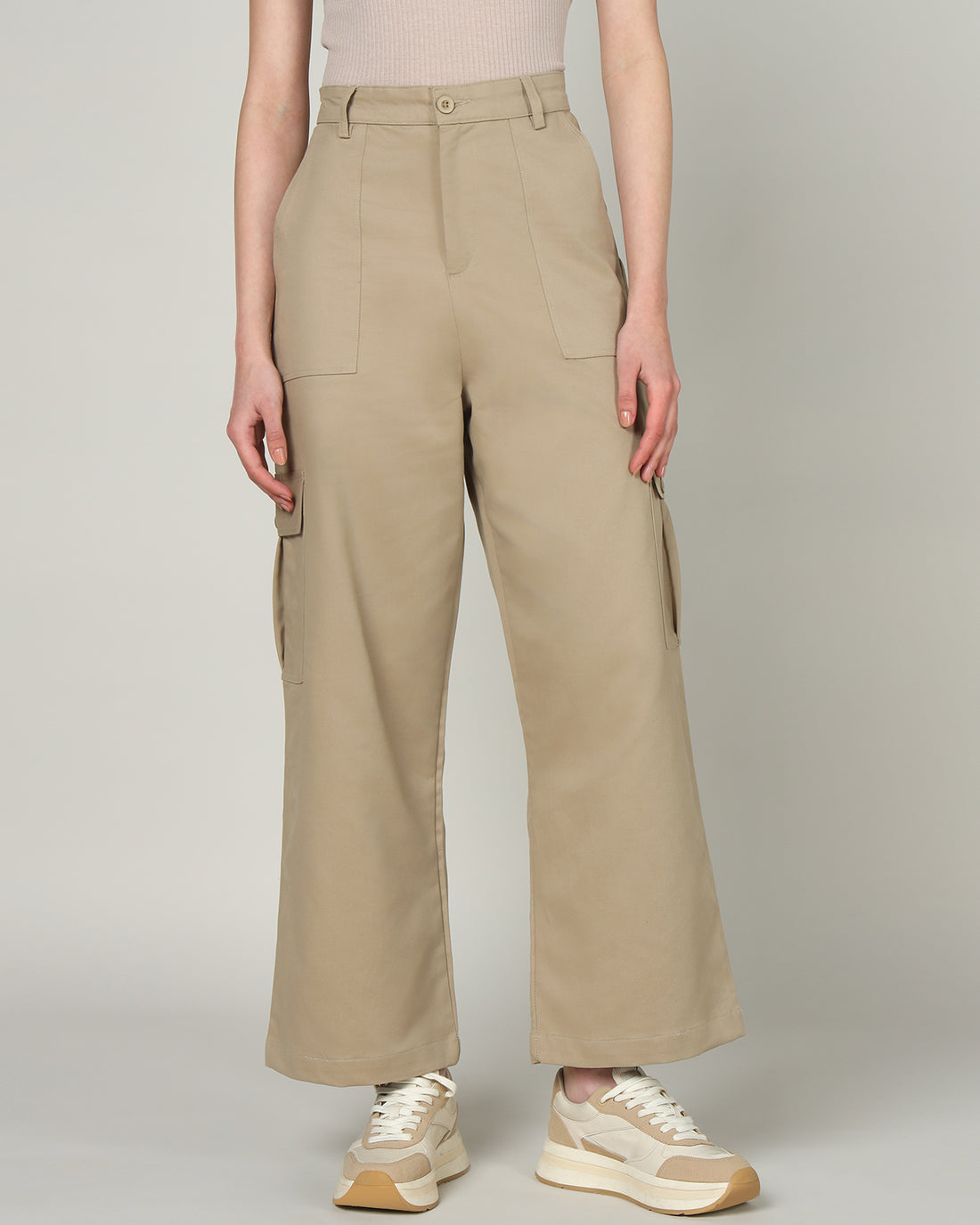Women’s Khaki Wide-Leg Cargo Pants with Flap Pockets - 3096