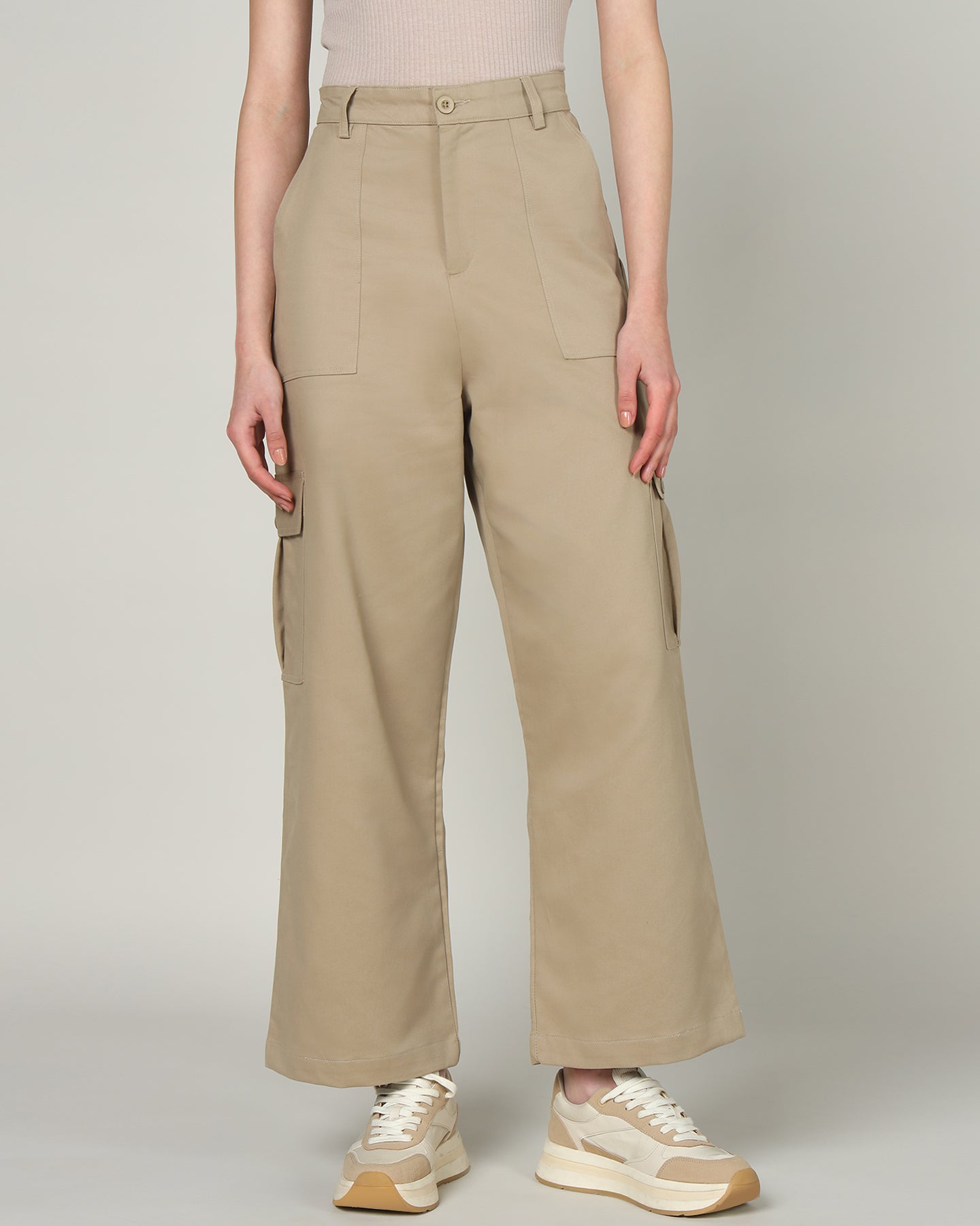 Women’s Khaki Wide-Leg Cargo Pants with Flap Pockets - 3096