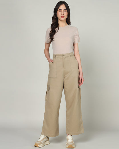 Women’s Khaki Wide-Leg Cargo Pants with Flap Pockets - 3096