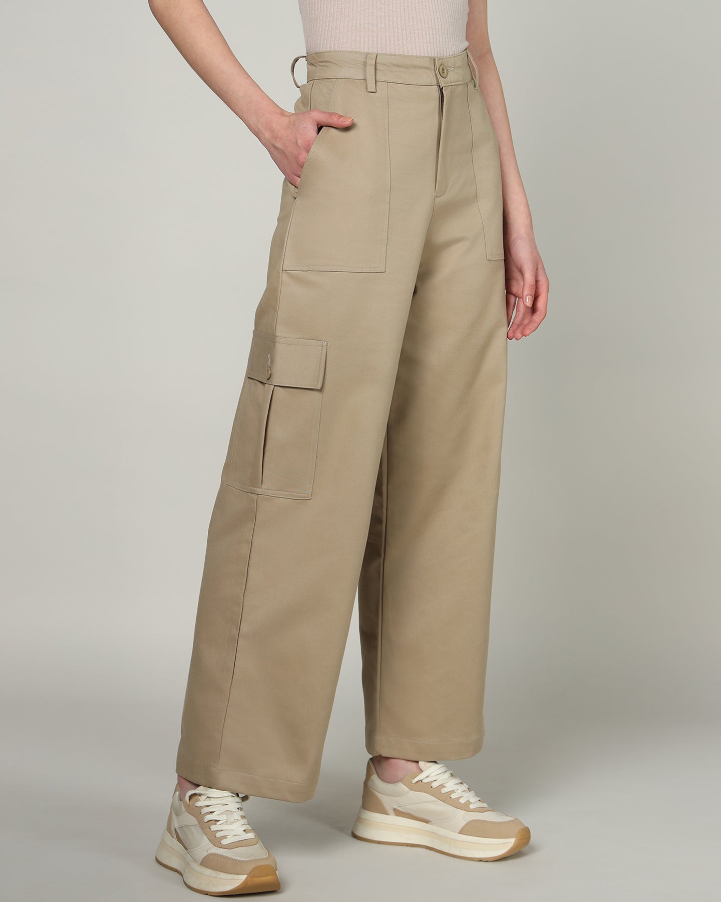 Women’s Khaki Wide-Leg Cargo Pants with Flap Pockets - 3096