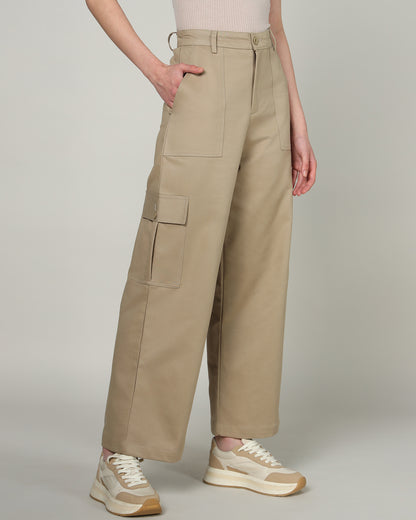 Women’s Khaki Wide-Leg Cargo Pants with Flap Pockets - 3096
