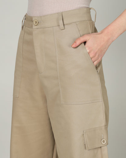 Women’s Khaki Wide-Leg Cargo Pants with Flap Pockets - 3096