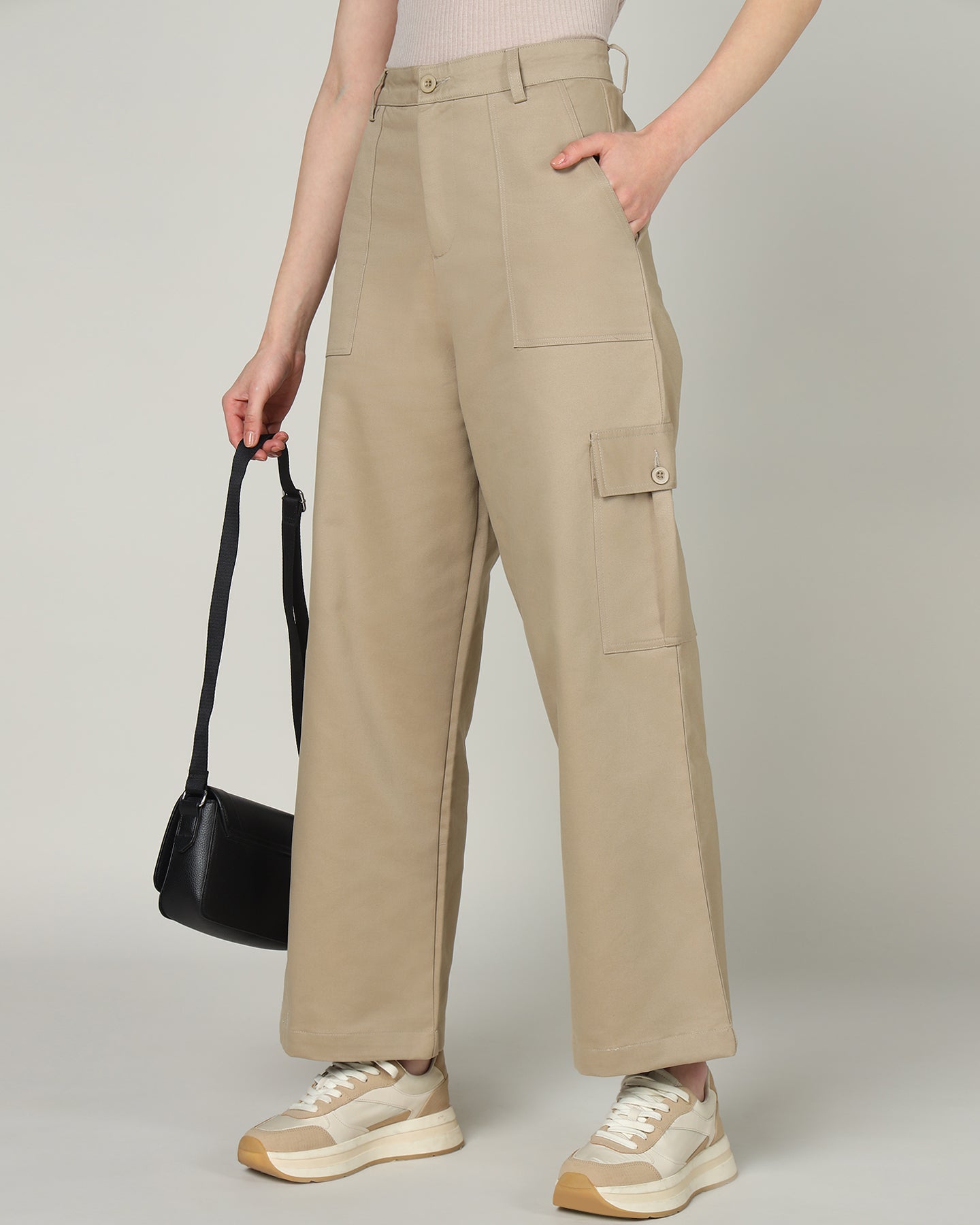 Women’s Khaki Wide-Leg Cargo Pants with Flap Pockets - 3096