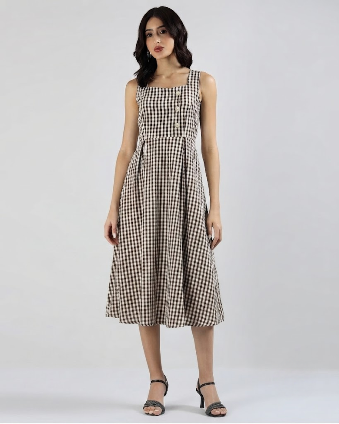 Sands Of India Women’s Brown Gingham Checked Calf-Length Pinafore Midi Dress -3129