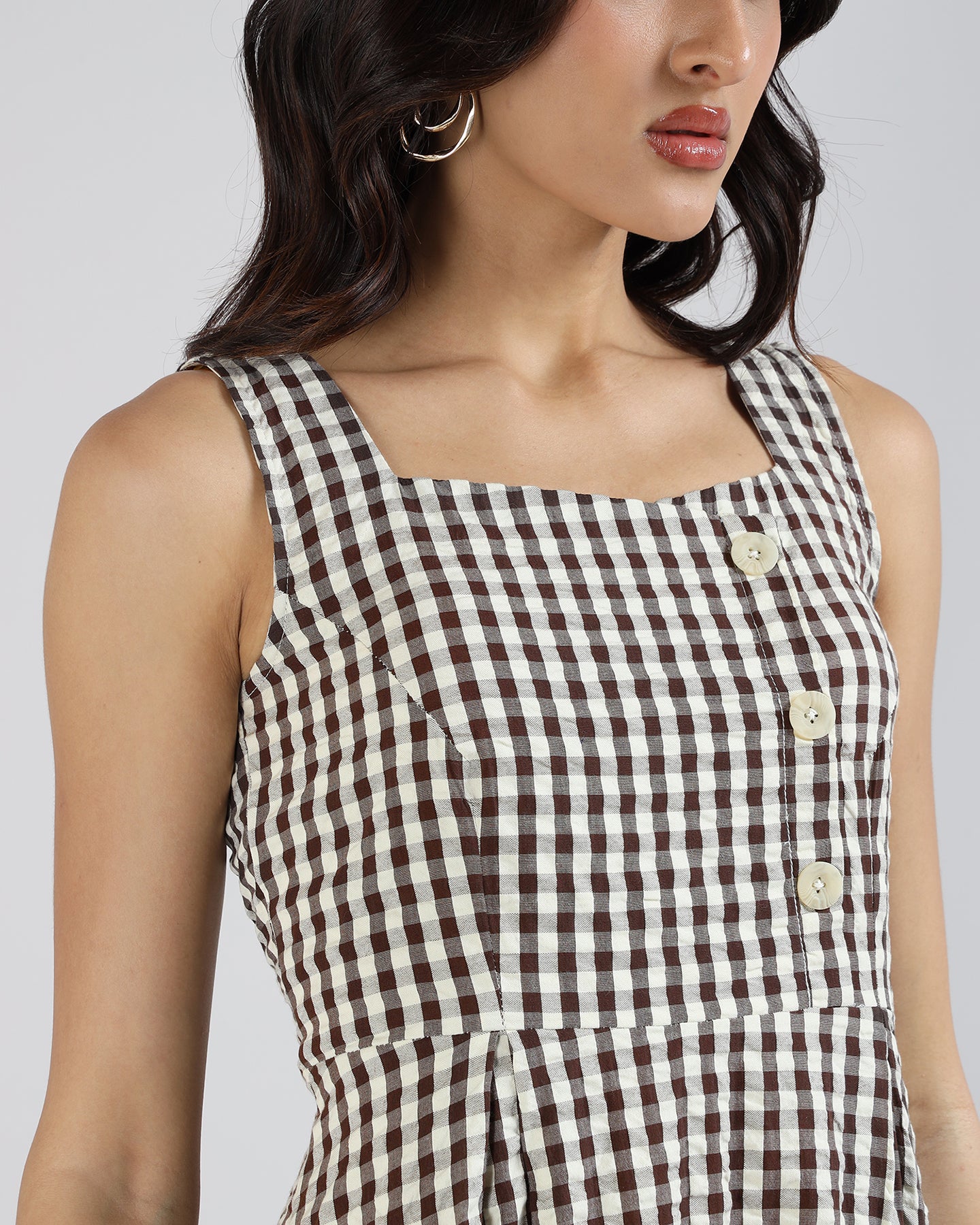 Sands Of India Women’s Brown Gingham Checked Calf-Length Pinafore Midi Dress -3129