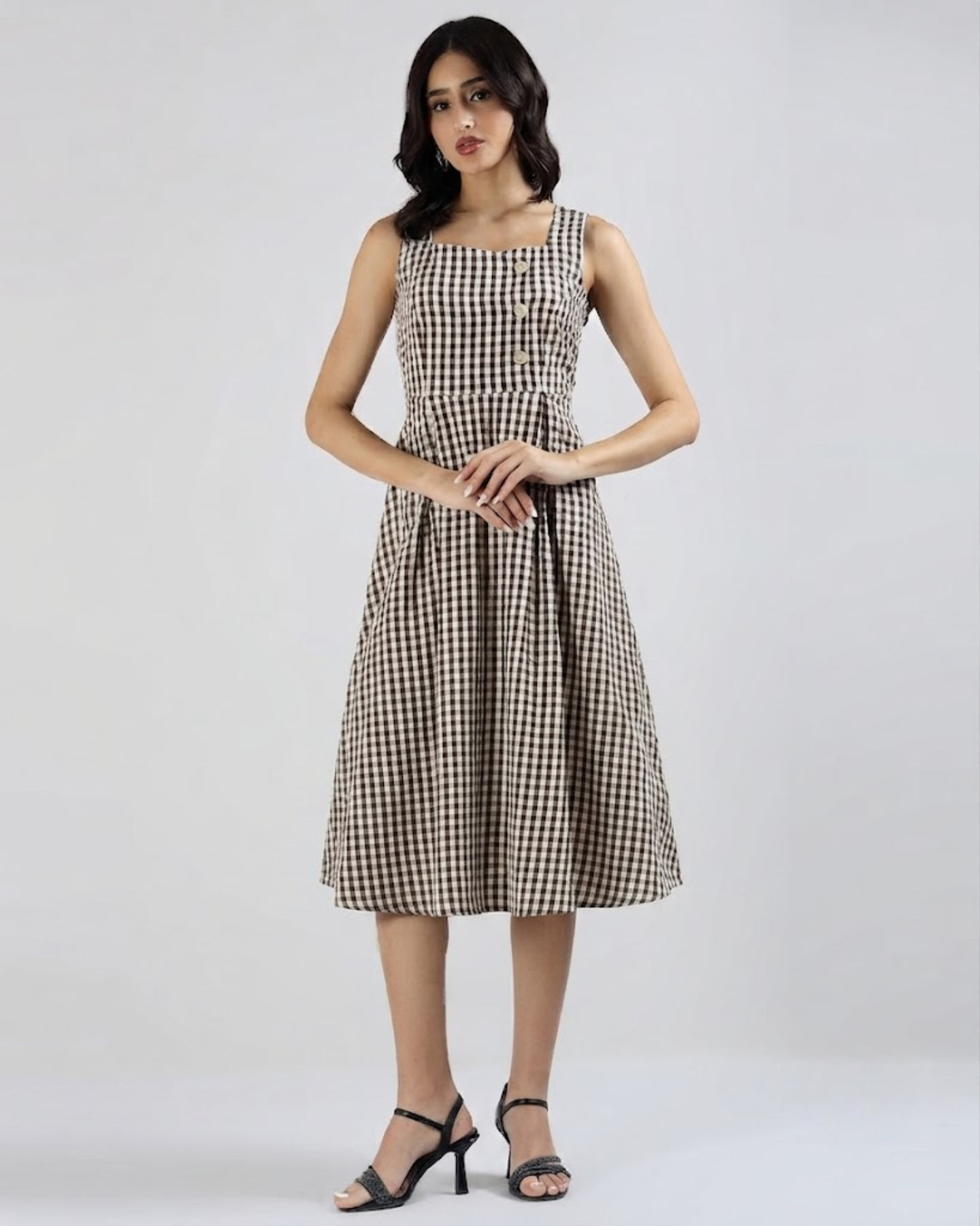 Sands Of India Women’s Brown Gingham Checked Calf-Length Pinafore Midi Dress -3129