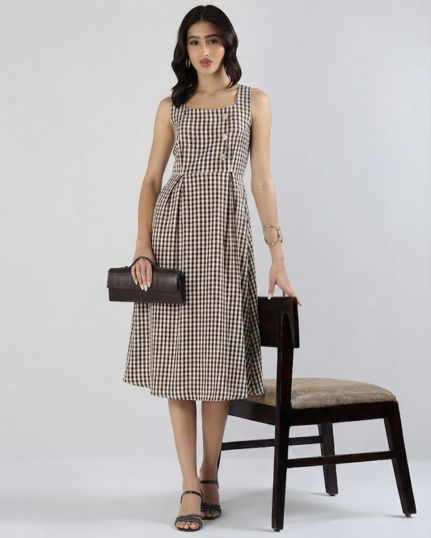 Sands Of India Women’s Brown Gingham Checked Calf-Length Pinafore Midi Dress -3129